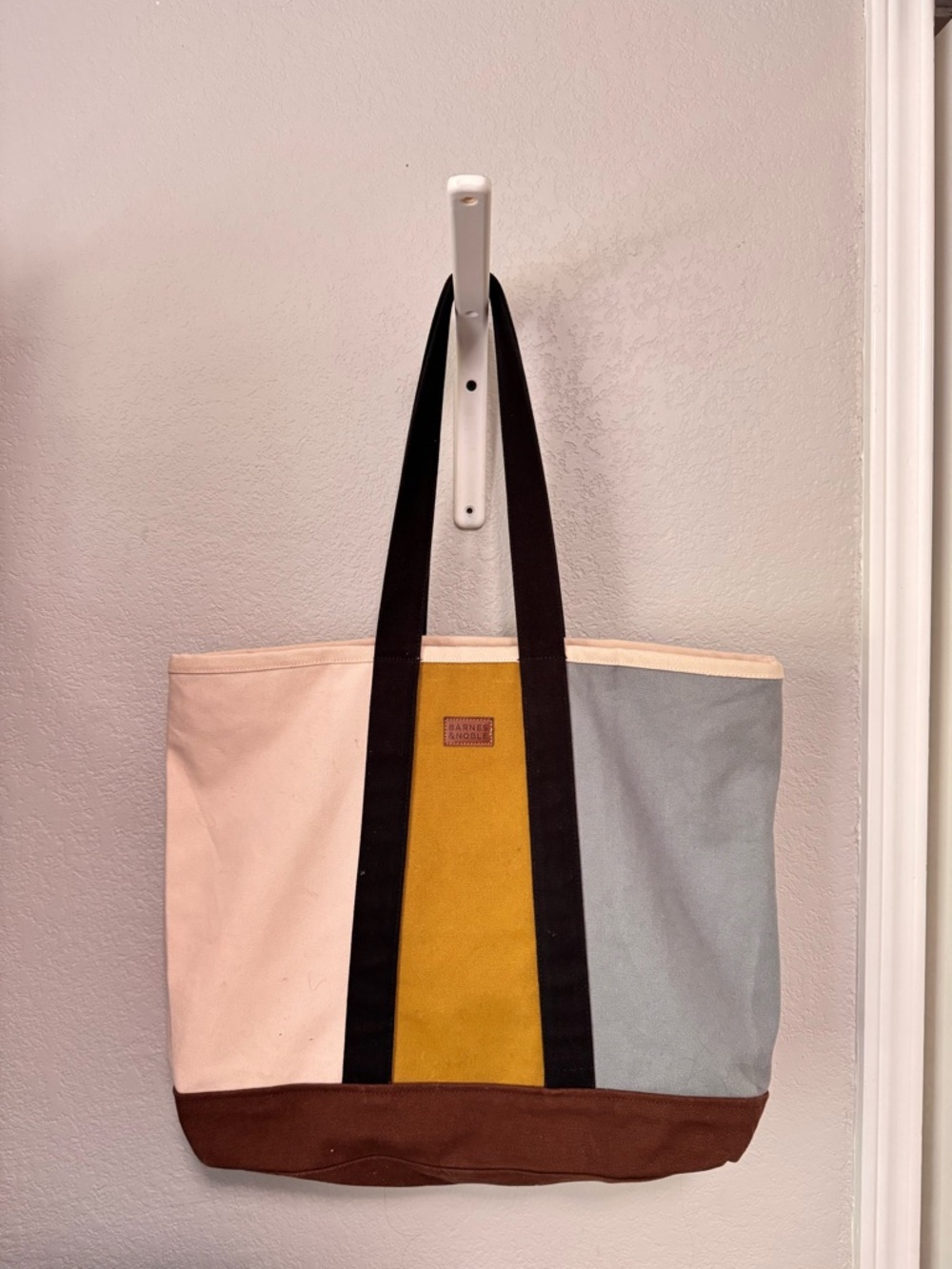 Barnes & Noble Mustard, Cream & Gray Canvas Tote with Brown Base